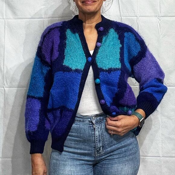 Lynn Williams Blue Geometric Vintage Sweater Sz L - Picture 1 of 12